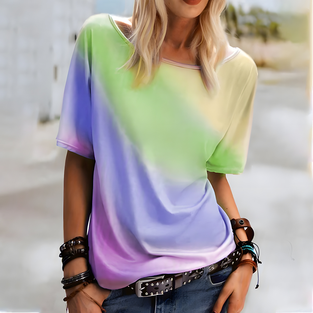 Castillotigo™ Top casual suelto con estampado de arcoíris y cuello redondo
