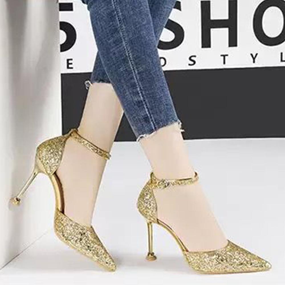 Castillotigo™ 2022 nuevos tacones altos con lentejuelas una palabra hebilla zapatos de cristal regalo para adultos