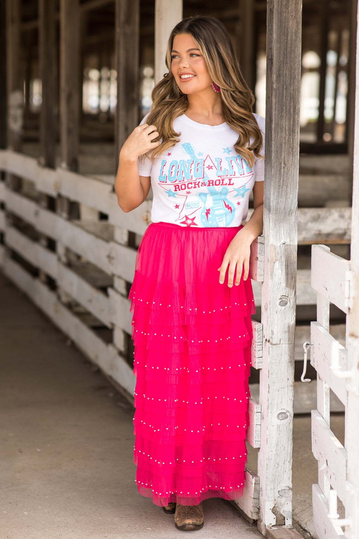 Hot Pink Tulle Midi Skirt With Pearl Detail