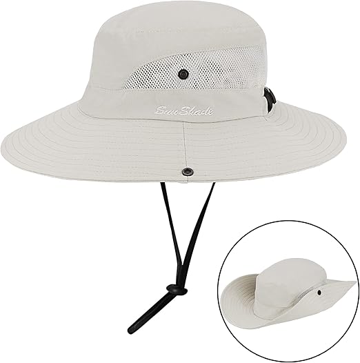 Women's Outdoor UV-Protection-Foldable Sun-Hats Mesh Wide-Brim Beach Fishing Hat with Ponytail-Hole