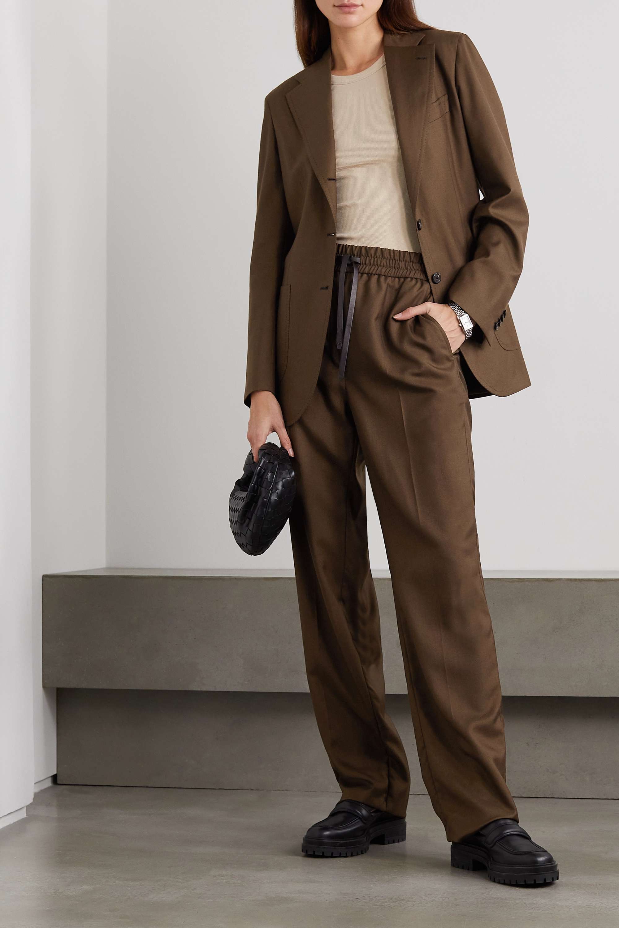 Leather-trimmed wool straight-leg pants