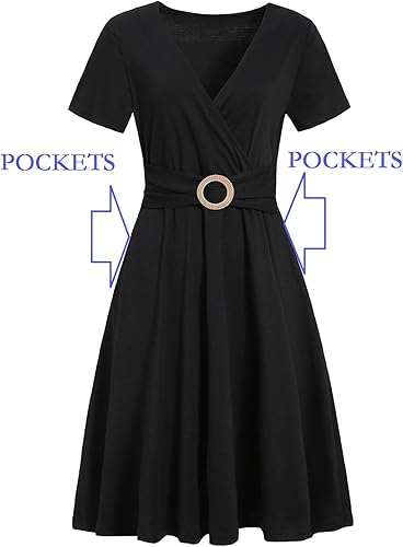 Women's Elegant Criss-Cross V Neck Vintage Short Sleeve Work Casual Fit and Flare Tea Dress with Pockets