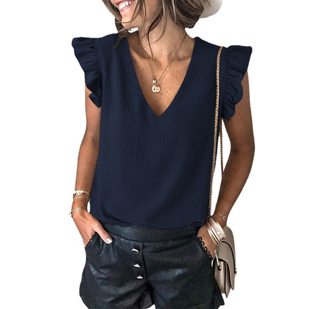 Castillotigo™ Top de manga con volantes y cuello en V de color sólido de nueva moda