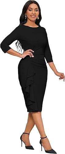 Church Dresses for Women 3/4 Sleeve Bodycon Ruffle Vintage Wear to Work Pencil Midi Dress