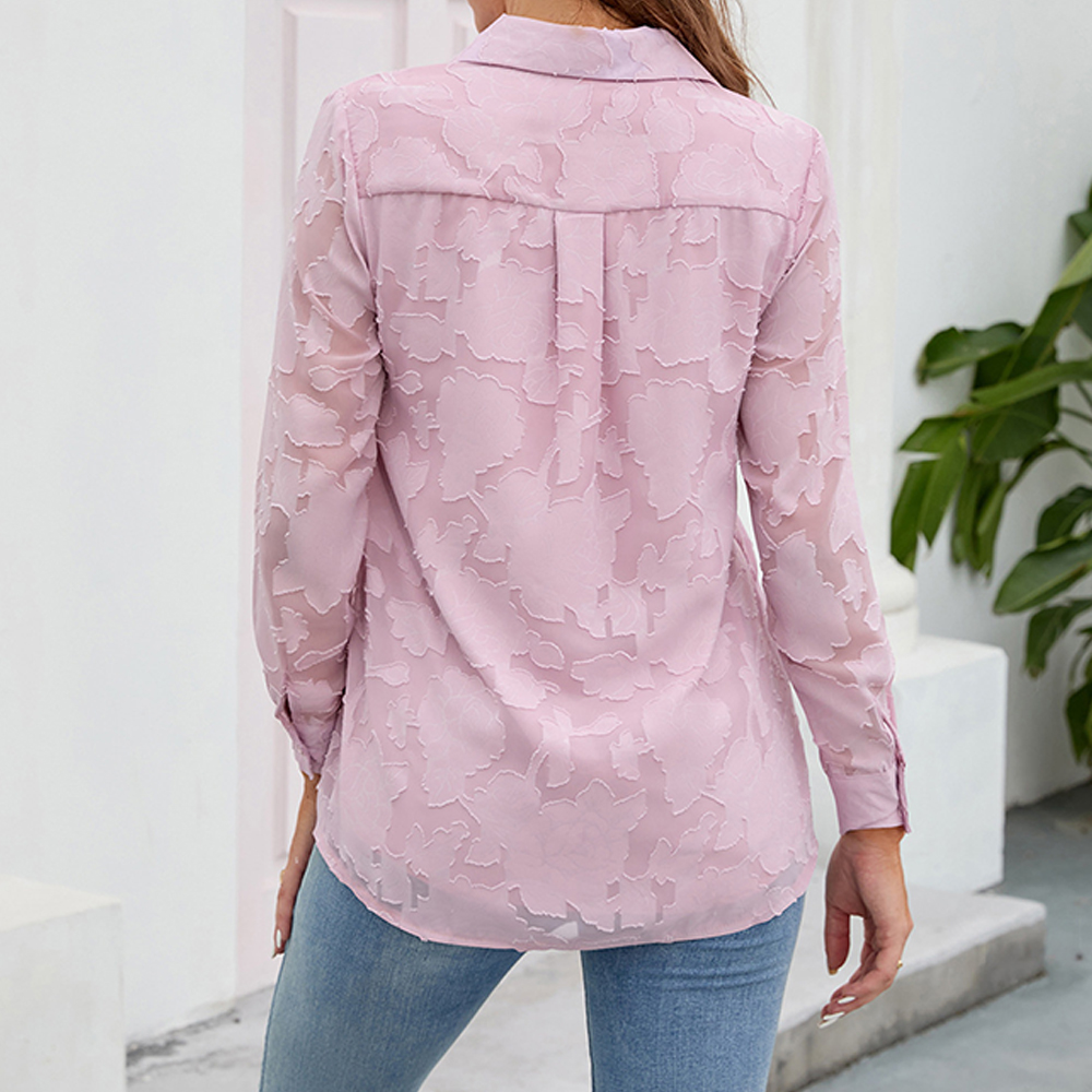 Castillotigo™ Camisa de manga larga de color sólido hueco de encaje para mujer