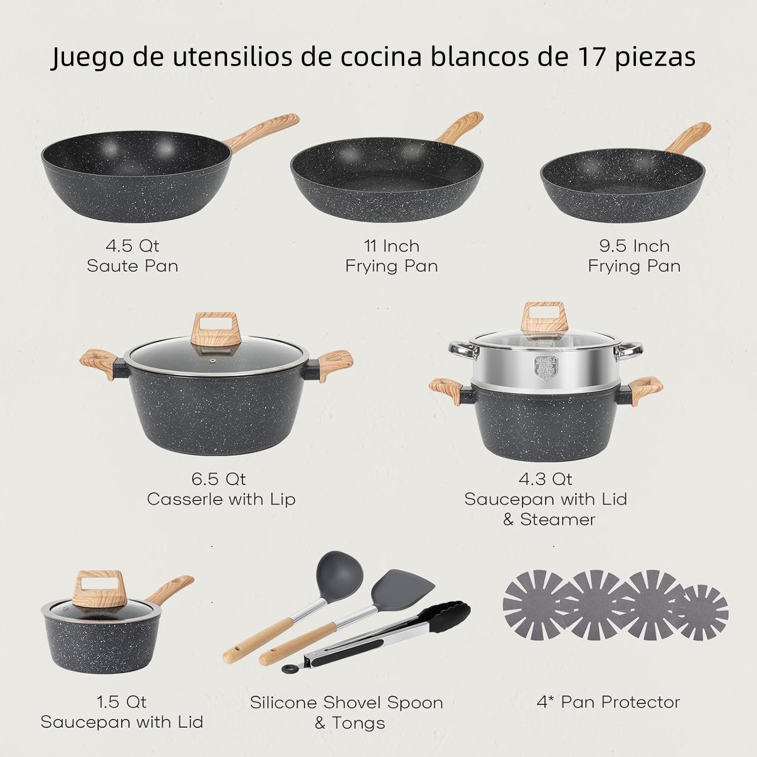 🔥Último día de promoción de Amazon🔥Juego de ollas y sartenes de granito negro de 17 piezas, utensilios de cocina antiadherentes