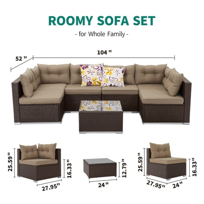 7Pcs Patio Furniture Set, All-Weather PE Rattan Conversation Set, Outdoor Sectional Sofa Wicker Outside Couch with Table for Porch Lawn Garden Backyard (Brown)