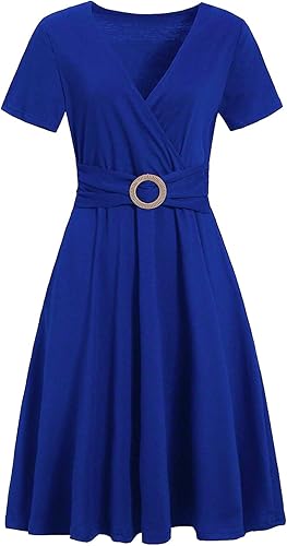 Women's Elegant Criss-Cross V Neck Vintage Short Sleeve Work Casual Fit and Flare Tea Dress with Pockets - Royal Blue