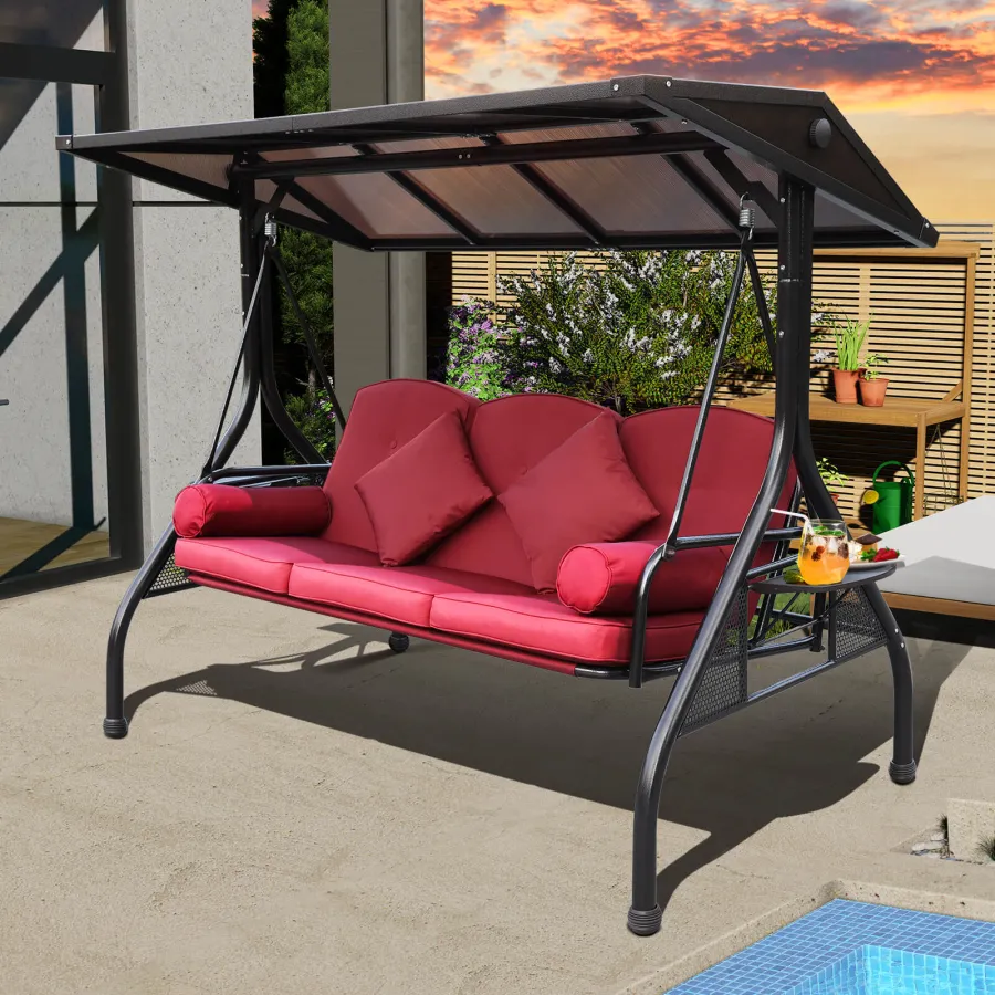 Sale Outdoor Porch Swings With Adjustable PC Canopy, 3 Cushions, 2 Cup Holders & 4 Pillows, Burgundy