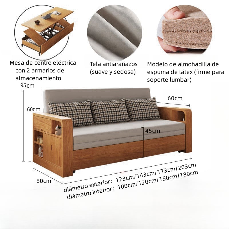 Sofá de madera maciza plegable con almacenamiento y cama retráctil.