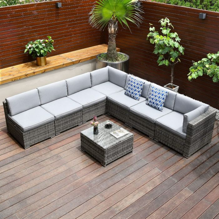 8Pcs Patio Furniture Set, Outdoor Sectional Sofa PE Rattan Wicker Conversation Set Outside Couch with Table and Cushions for Porch Lawn Garden Backyard, Grey