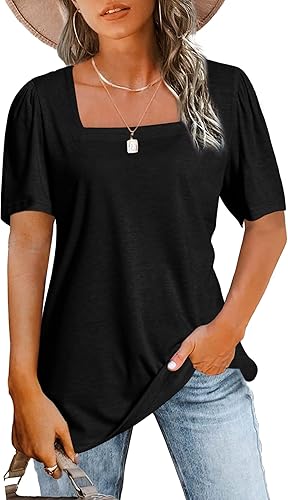 Womens Tops Casual Short Sleeve Square Neck Shirts Puff Sleeve Tshirts Loose Casual Blouse Summer Tee