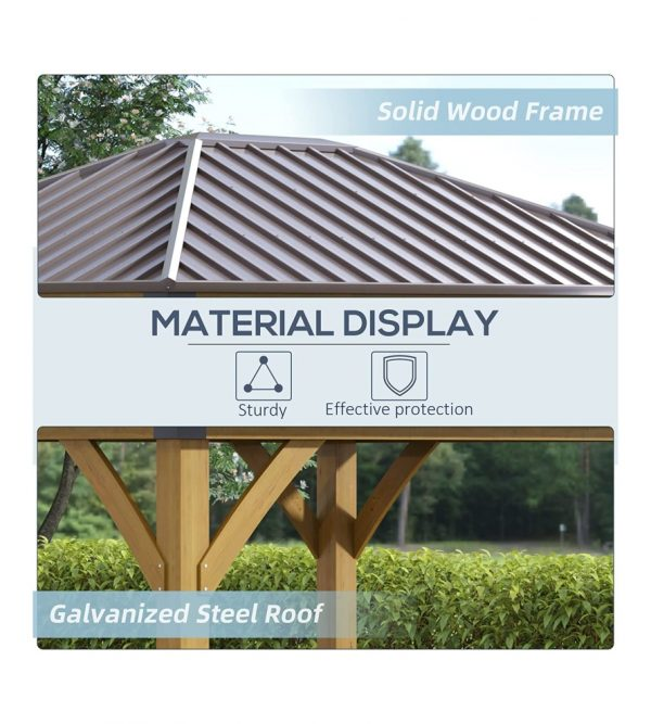 10′ft x 12′ft Hardtop Gazebo with Galvanized Steel Roof, Wooden Frame, Permanent Pavilion Outdoor Gazebo Canopy, for Patio, Garden, Backyard, Deck, Lawn, Brown