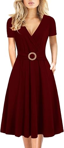 Women's Elegant Criss-Cross V Neck Vintage Short Sleeve Work Casual Fit and Flare Tea Dress with Pockets - Burgundy