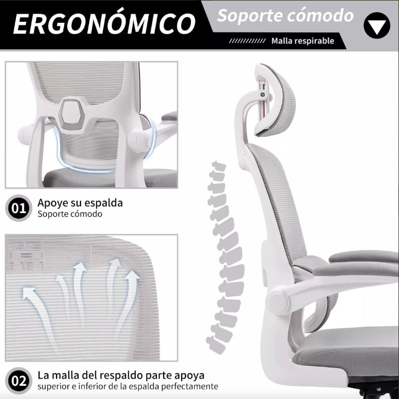 Silla de oficina ergonómica - estilo moderno con reposacabezas y reposabrazos regulables y respaldo regulable