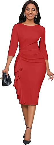 Church Dresses for Women 3/4 Sleeve Bodycon Ruffle Vintage Wear to Work Pencil Midi Dress - Red