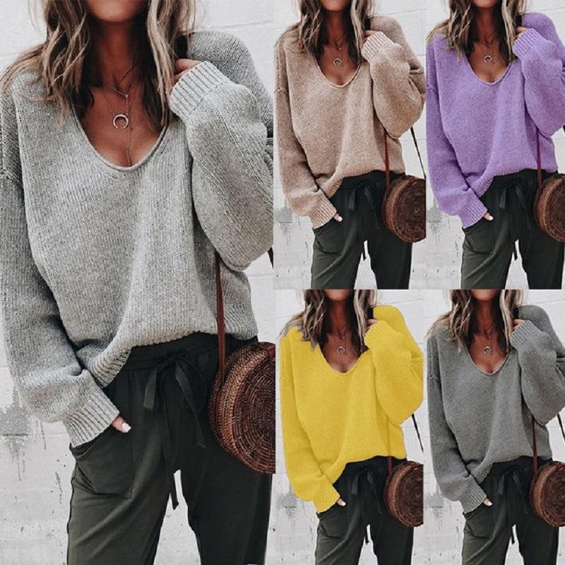 Higolot™ Fashion V-Neck Solid Color Long-Sleeved Sweater