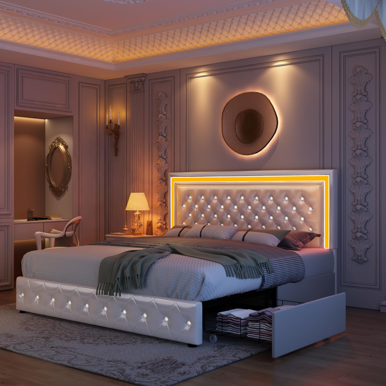 Base de cama LED Queen, cama con cajones de almacenamiento