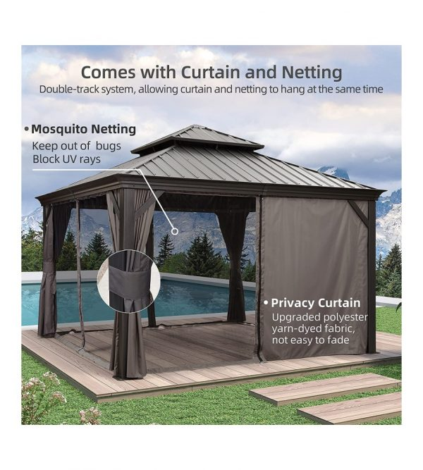 10′ft X 12′ft Permanent Hardtop Gazebo Aluminum Gazebo with Galvanized Steel Double Roof for Patio Lawn and Garden, Curtains and Netting Included, Grey