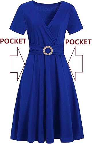 Women's Elegant Criss-Cross V Neck Vintage Short Sleeve Work Casual Fit and Flare Tea Dress with Pockets - Royal Blue