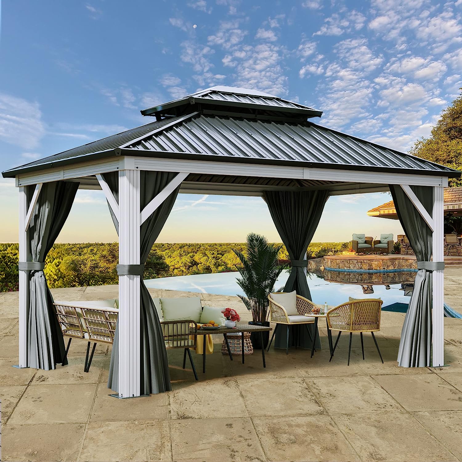 White Gazebo 10ftx12ft Hardtop Double Roof Canopy Galvanized Iron Alum