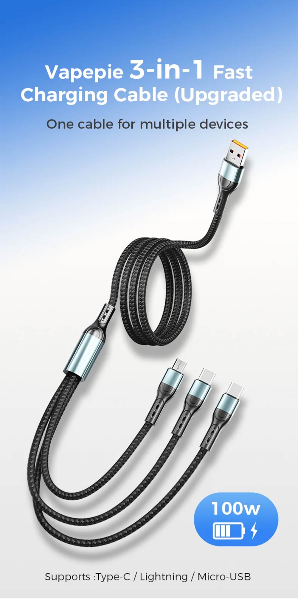 Vapepie 3-in-1 Upgrade Fast Charging Cable Detailed Image 1
