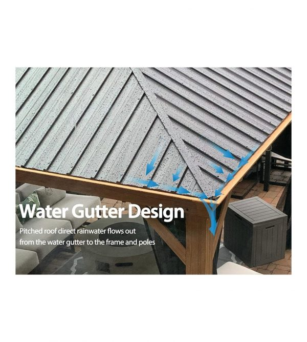 10′ft X 12′ft Outdoor Hardtop Gazebo for Patio Galvanized Steel Double Roof Permanent Canopy Teak Finish Coated Aluminum Frame Pavilion Gazebo with Netting