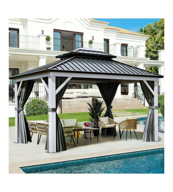 White Gazebo 10ftx12ft Hardtop Double Roof Canopy Galvanized Iron Aluminum Frame Outdoor Gazebo with Netting and Shaded Curtains Garden Tent for Patio, Backyard, Deck and Lawns, Grey Curtain