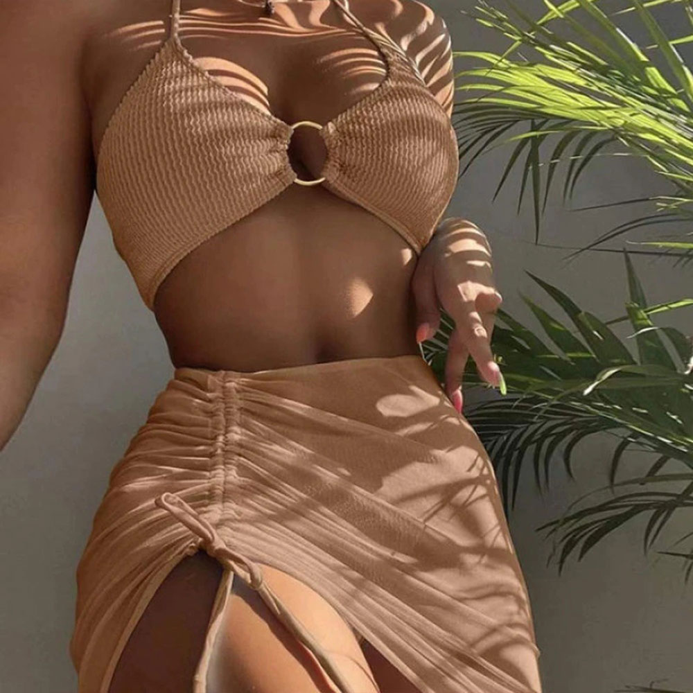 Castillotigo™ Bikini sexy de tres piezas con cuello halter de color sólido
