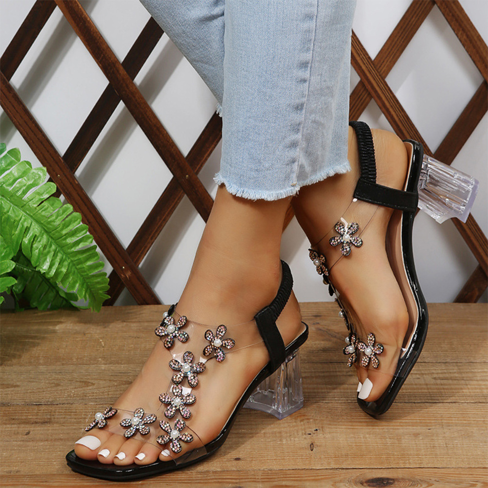 Castillotigo™ Sandalias de diamantes de imitación de flores de tacón transparente de nueva moda