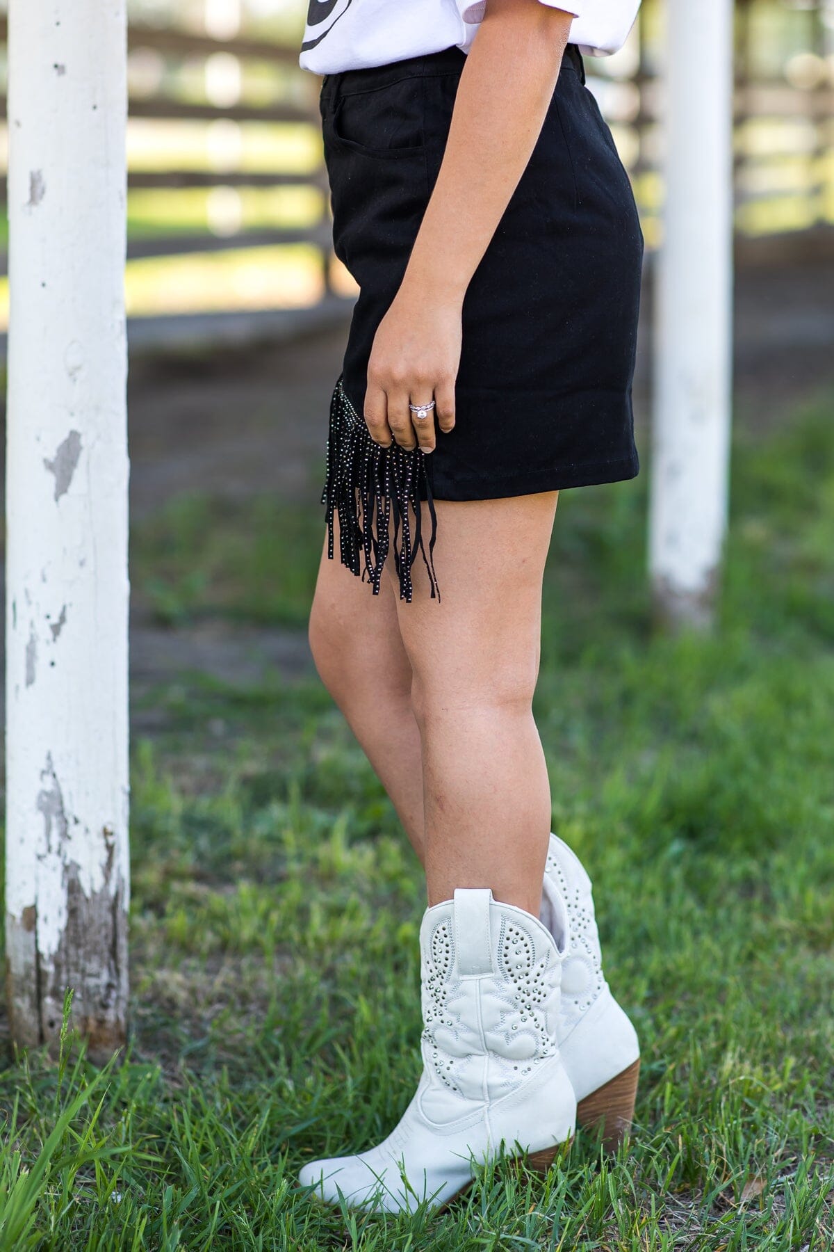 Black Denim Skirt With Fringe Detail