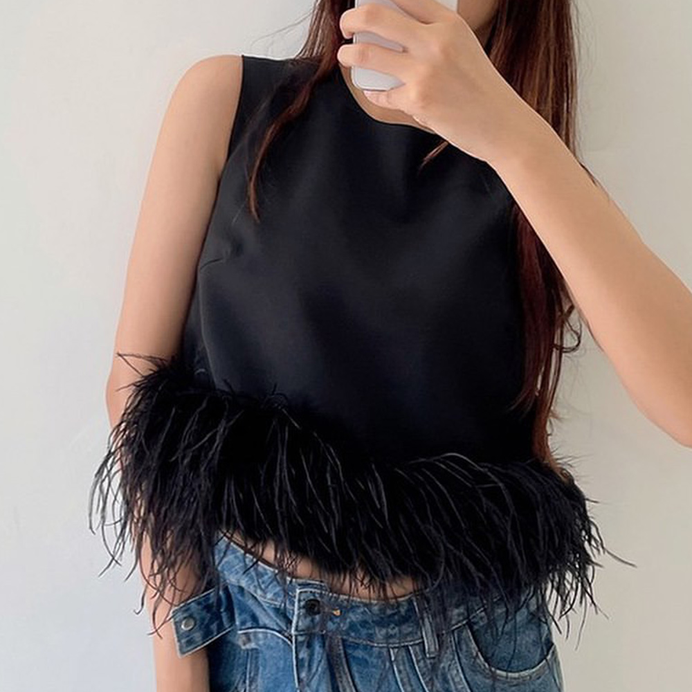 Castillotigo™ Trendy Feather Trim Tank T-Shirt