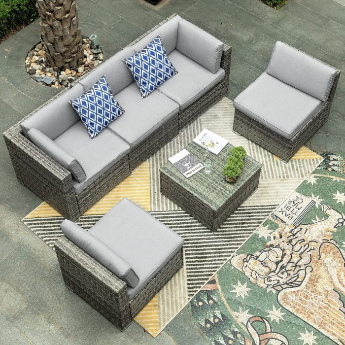 6Pcs Patio Furniture Set, Outdoor Sectional Sofa PE Rattan Wicker Conversation Set Outside Couch with Table and Cushions for Porch Lawn Garden Backyard, Grey