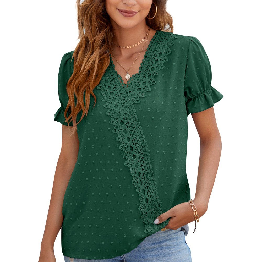 Higolot™ Puff Sleeve Lace Chiffon Short Sleeve
