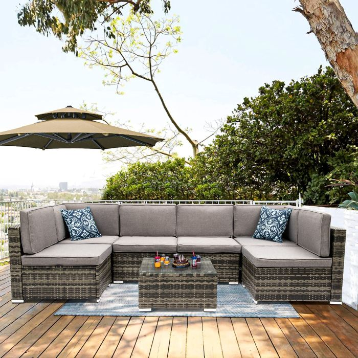 7Pcs Outdoor Patio Furniture Sets, Garden Conversation Wicker Sofa Set, and Patio Sectional Furniture Sofa Set with Coffee Table and Cushion for Lawn, Backyard, and Poolside, Gray Gradient