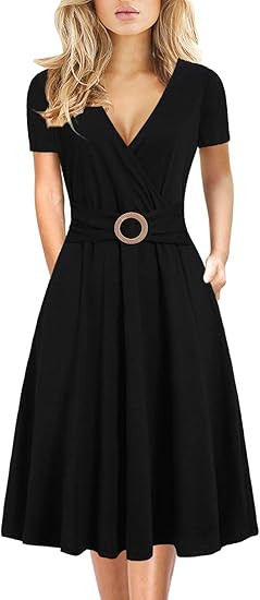 Women's Elegant Criss-Cross V Neck Vintage Short Sleeve Work Casual Fit and Flare Tea Dress with Pockets