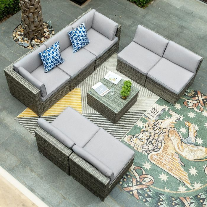 8Pcs Patio Furniture Set, Outdoor Sectional Sofa PE Rattan Wicker Conversation Set Outside Couch with Table and Cushions for Porch Lawn Garden Backyard, Grey