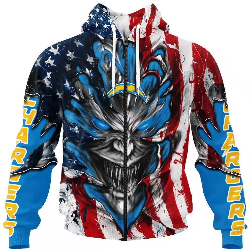 LOS ANGELES CHARGERS DEMON FACE AMERICAN FLAG-3D UNISEX HOODIE