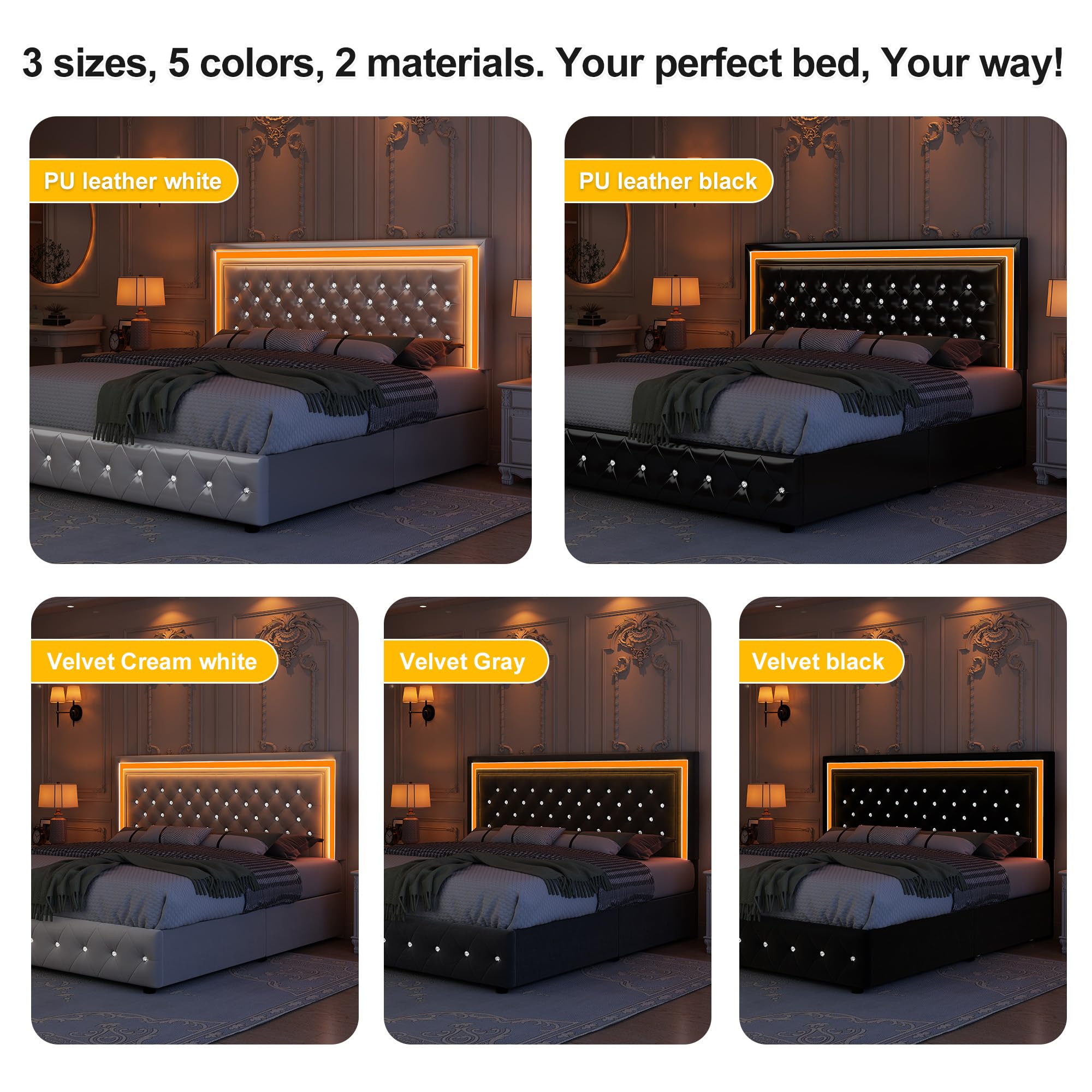 Base de cama LED Queen, cama con cajones de almacenamiento