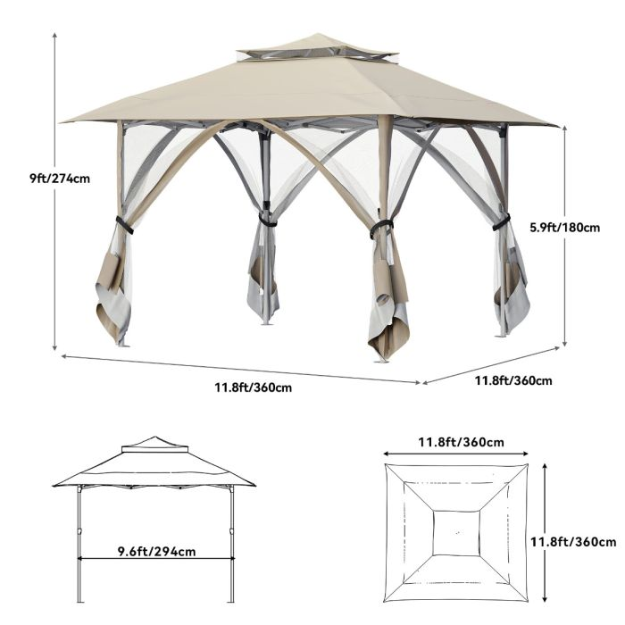 Movable Gazebo  Beige 12x12ft Outdoor Portable Double Roof Pop Up Gazebo Outdoor Aluminum Canopy