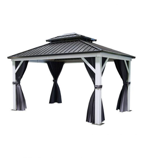 White Gazebo 10ftx12ft Hardtop Double Roof Canopy Galvanized Iron Aluminum Frame Outdoor Gazebo with Netting and Shaded Curtains Garden Tent for Patio, Backyard, Deck and Lawns, Grey Curtain