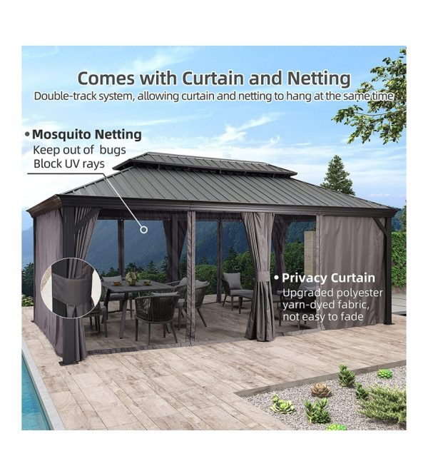 12′ft X 20′ft Permanent Hardtop Gazebo Aluminum Gazebo with Galvanized Steel Double Roof for Patio Lawn and Garden, Curtains and Netting Included, Grey