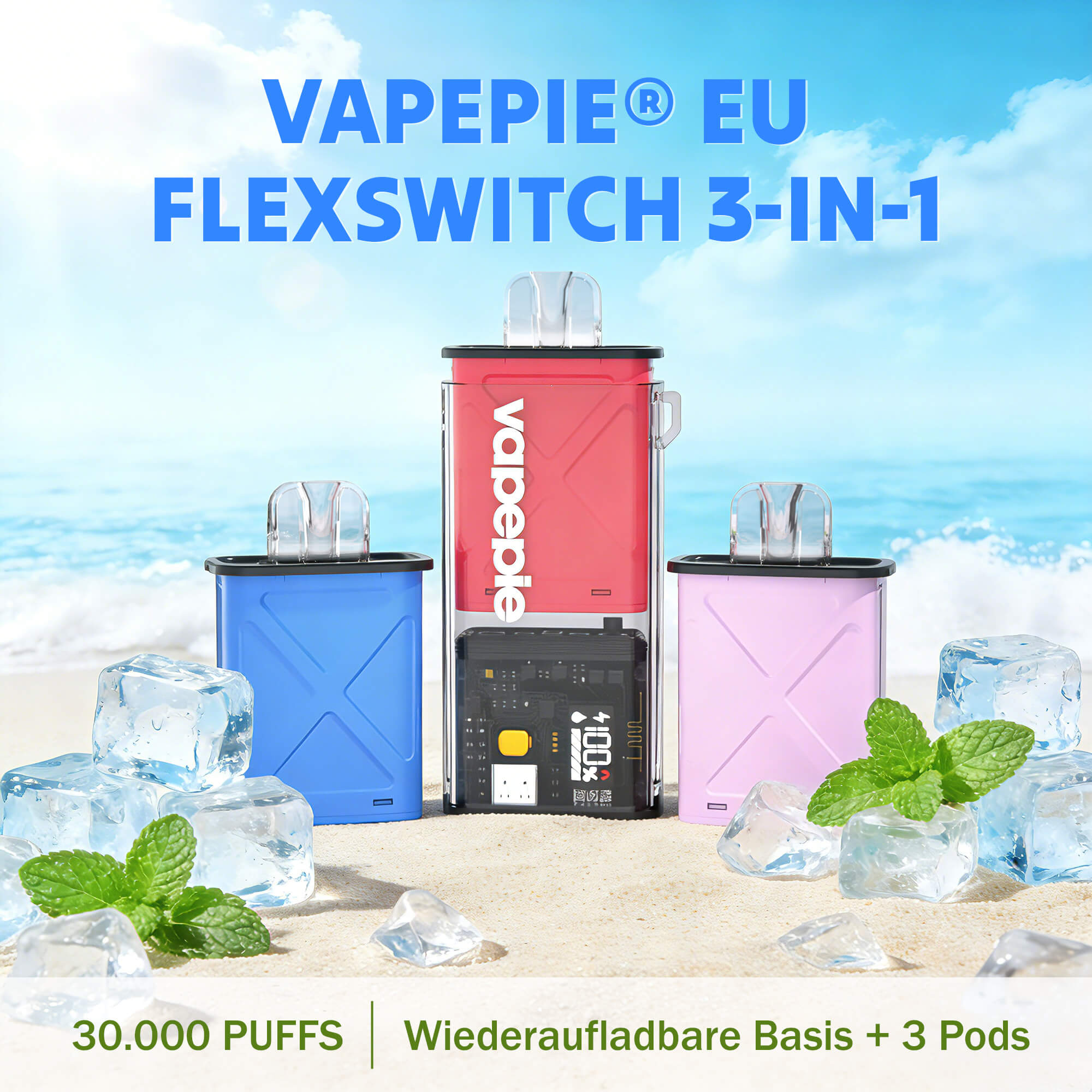 【Pod-Kit Sparpaket】Vapepie FlexSwitch 3-in-1-Pod-Kit 30.000 Puffs – Wiederaufladbar mit nachfüllbaren Pods