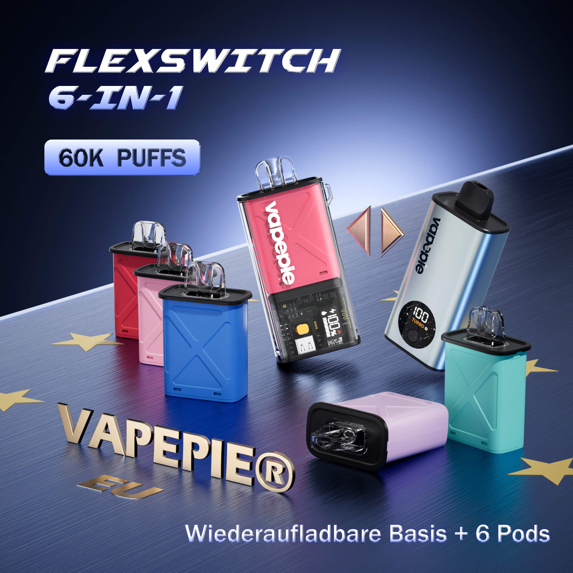 【Pod-Kit Sparpaket】Vapepie FlexSwitch 6-in-1-Pod-System 60.000 Puffs – Günstiges Pod-Kit mit vielen Optionen