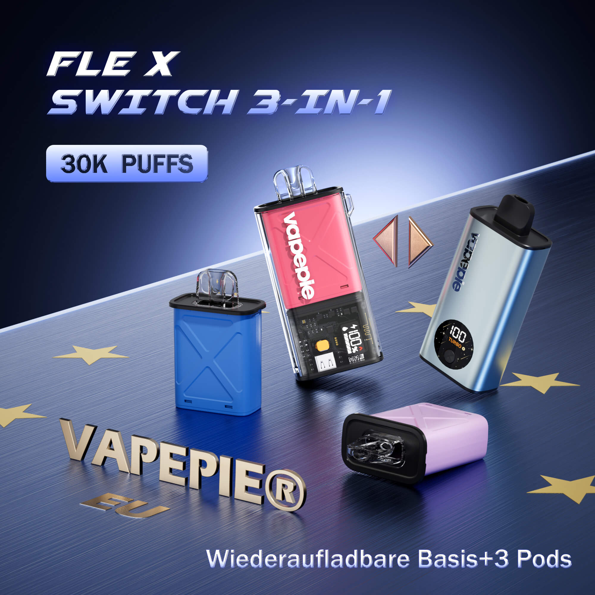 【Pod-Kit Sparpaket】Vapepie FlexSwitch 3-in-1-Pod-Kit 30.000 Puffs – Wiederaufladbar mit nachfüllbaren Pods