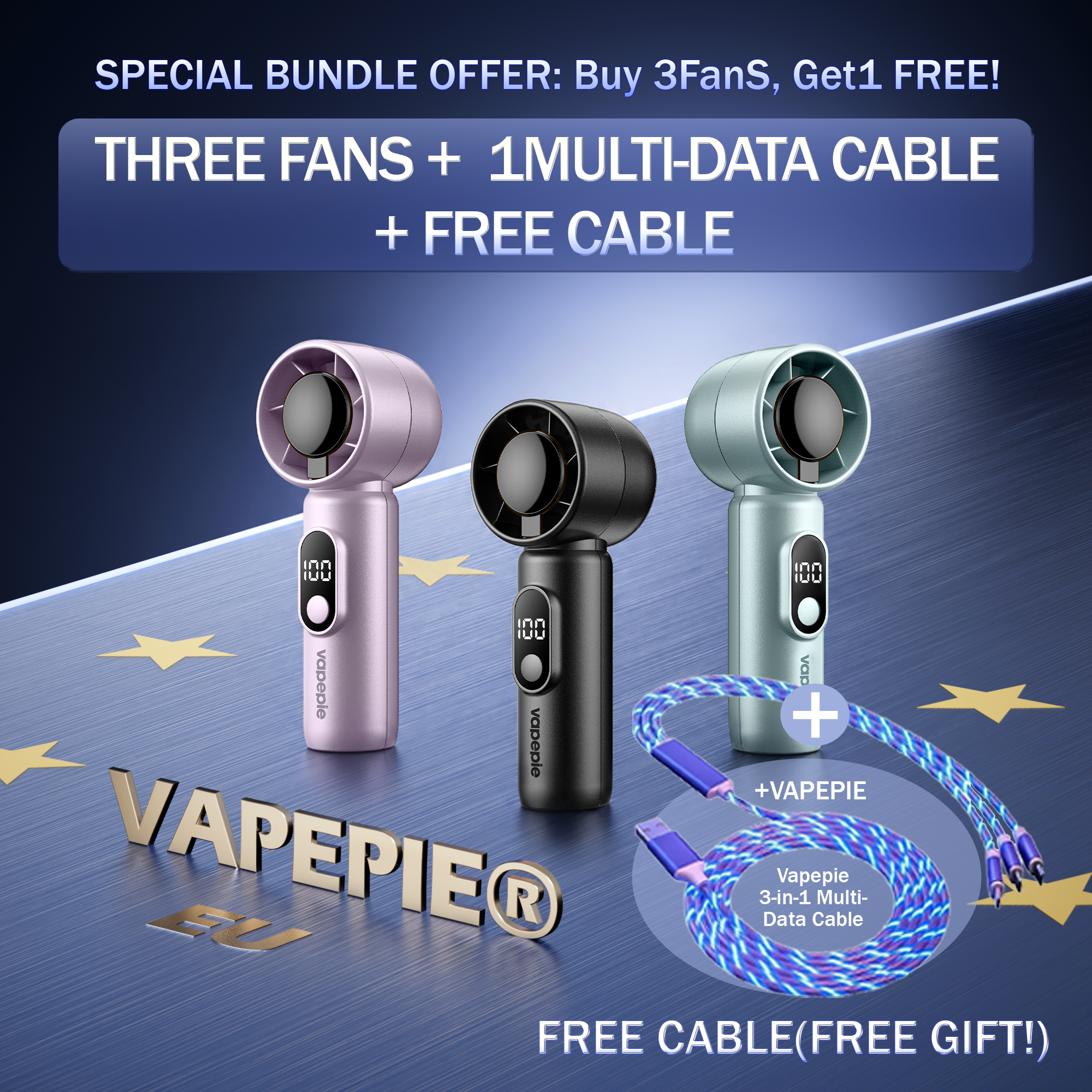VAPEPIE Merch Sommer-Set (3x Mini Ventilator + 3-in-1 Kabel) – Farbe frei wählbar