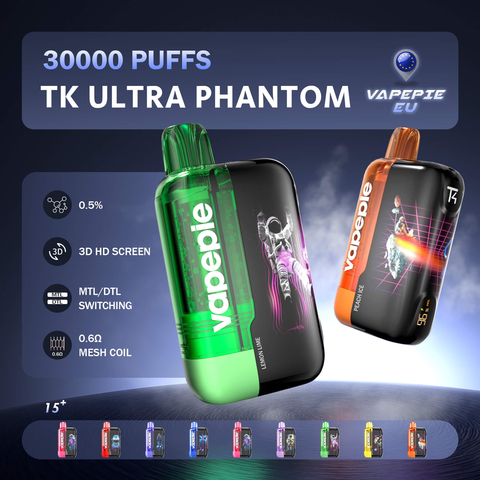 Vapepie Ultra Phantom Smarter Vaper mit 3D-Bildschirm 30.000 Puffs – Frischer Vaper mit MTL/DTL-Modi und 3D-Pantalla