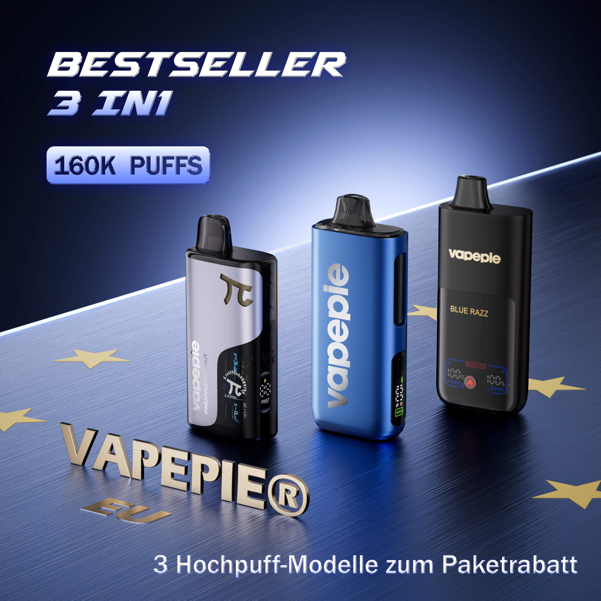 【Sparpaket】Vapepie Bestseller 3 in 1 Pack 160.000 Puffs (Mega*1 & Matrix*1 & Pro*1) Einweg-Vape