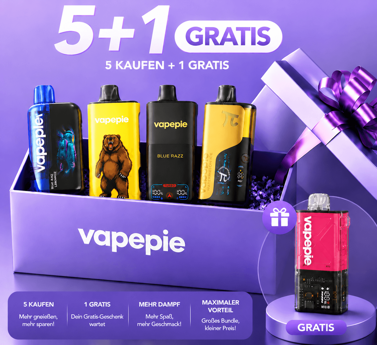 【August-Angebot】VAPEPIE 5 Stück eines Modells kaufen & Flexswitch 10.000 gratis dazu