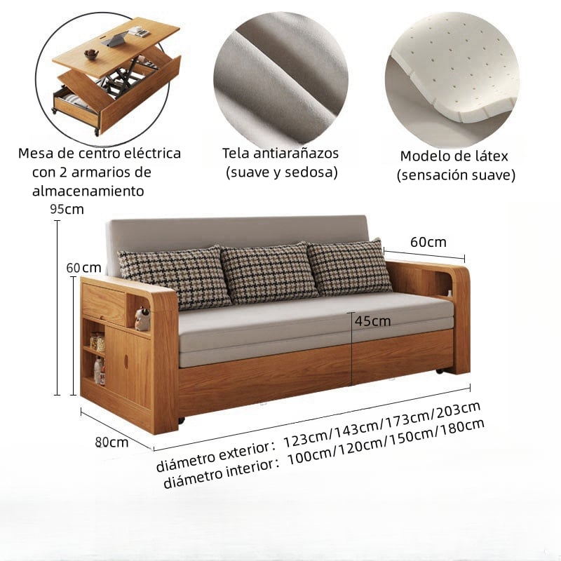 Sofá de madera maciza plegable con almacenamiento y cama retráctil.